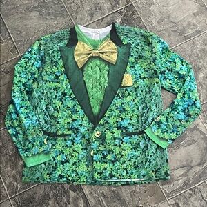 FAUX REAL St Paddy’s Day Green & Gold Fun Men’s Fake Blazer Bow-Tie Shirt XXL